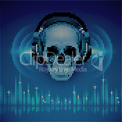 Skull in headphones. LED disco background