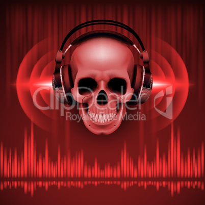 Skull in headphones. Disco background