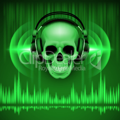 Skull in headphones. Disco background