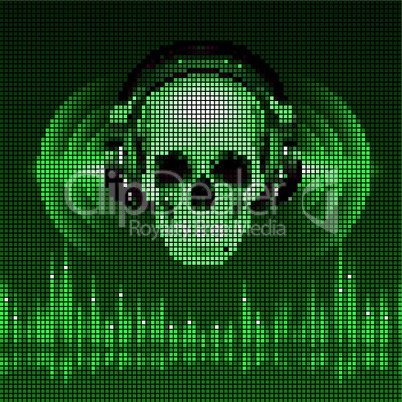 Skull in headphones. Disco background