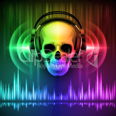 Skull in headphones. Disco background