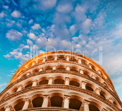 Leaning Tower of Pisa, Tuscany. Detail view of the top under a b