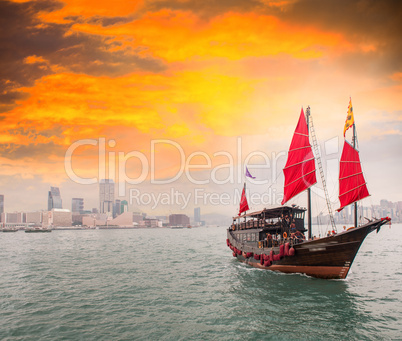 Famous Red Sails Ship crossing the strait from Hong Kong to Kowl
