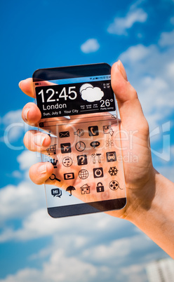 Smartphone with transparent screen in human hands.