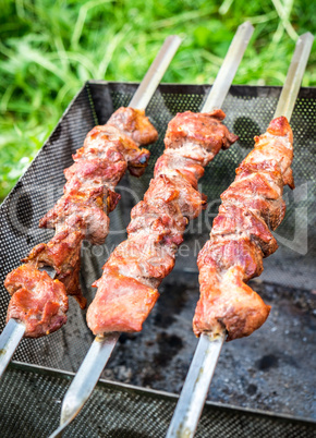 Hot shish kebab on metal skewers