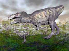 Tyrannosaurus rex dinosaur mum and baby- 3D render