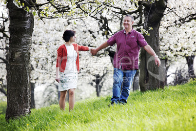 Mature couple runs under blooming cherry trees