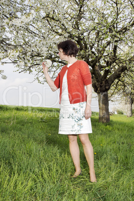 Woman is recovering under blooming cherry tree old