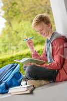 Smiling boy reading book sitting outside school