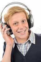 Cheerful teenage boy listening to music