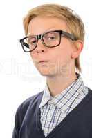 Serious teenage nerd boy wearing geek glasses