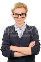 Confident nerd boy wearing geek glasses