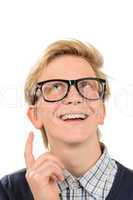 Happy boy wearing geek glasses having idea