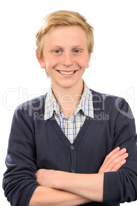 Cheerful teenage boy standing arms crossed