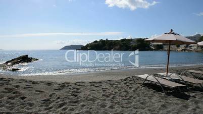 Sunbeds on the beach at luxury hotel, Crete, Greece