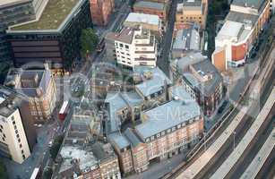 London Buildings near train station, aerial view