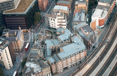 London Buildings near train station, aerial view