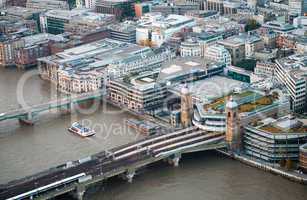 London buildings along river Thames, aerial view on a beautiful