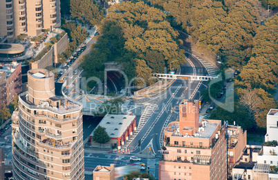 Buildings and Parks of Manhattan, aerial view on a sunny day