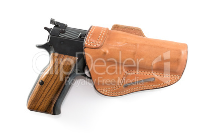 Pistole 9mm Parabellum in hellbraunem Lederholster