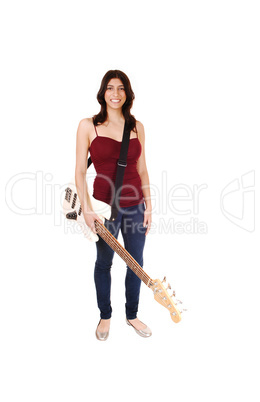 Woman holding her guitar.