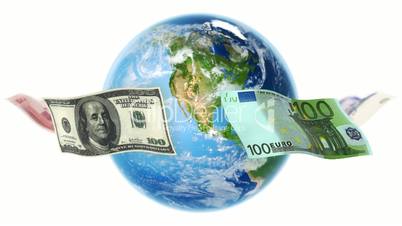 Banknotes Around Earth on White (Loop)