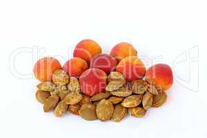 Apricots and apricot kernels, on white background