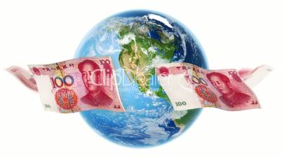 YUAN Banknotes Around Earth on White (Loop)