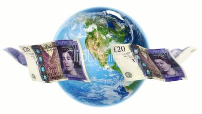GBP Banknotes Around Earth on White (Loop)