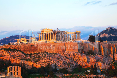 Acropolis in Athens, Greece in the evening