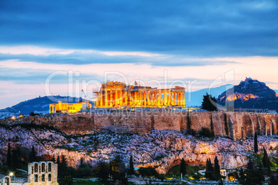 Acropolis in the evening after sunset