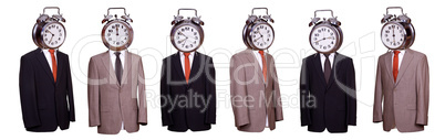 concept of body with suit and tie with alarm bell as face
