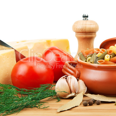 vegetables, pasta, spices and kitchen utensils