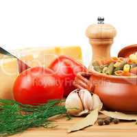 vegetables, pasta, spices and kitchen utensils