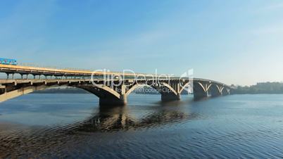 Metro Train On Bridge Slowly Ride Over Dnipro