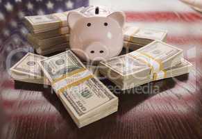 Thousands of Dollars, Piggy Bank, American Flag Reflection on Ta