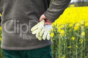 Farmer with work gloves prior rape field