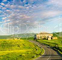 Tuscany - Landscape panorama, hills, meadow and old farm, Toscan