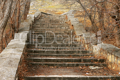 Old stone stairs leading up in autumn park