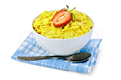 Cornflakes in bowl with strawberries