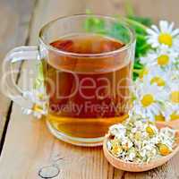 Herbal chamomile tea in glass mug on board