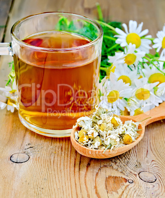 Herbal chamomile tea in spoon with mug on board