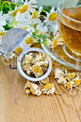 Herbal chamomile tea with strainer on board