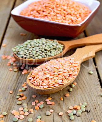 Lentils red and green in spoon with bowl on board