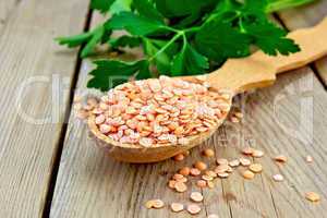 Lentils red in a wooden spoon on board
