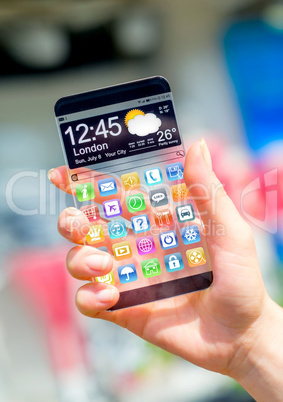 Smartphone with transparent screen in human hands.