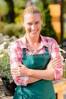 garden center smiling woman worker wear apron