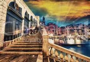 Venice. Rialto Bridge and Grand Canal at dusk