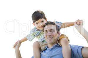 Father and Son Playing Piggyback on White