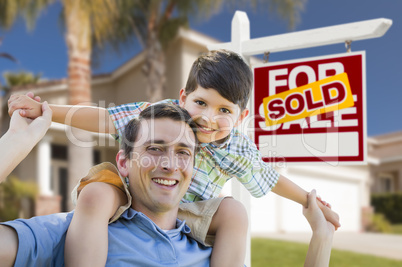 Mixed Race Father, Son Piggyback, Front of House, Sold Sign